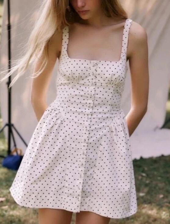Free People Dresses & Skirts - Free People Astrid Mini Dress S Polka Dot Pockets Cotton Stretch Ivory Combo